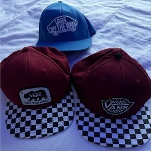 2 Authentic Red w Checkered Brim Vans Hat and 1 S/M Blue Vans Flexfit hat